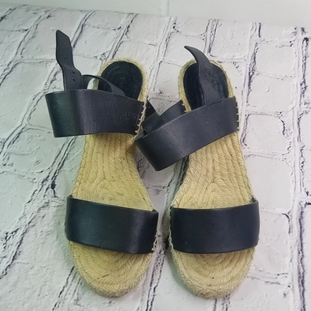 Celine black leather double strap wedge espadrille sandals